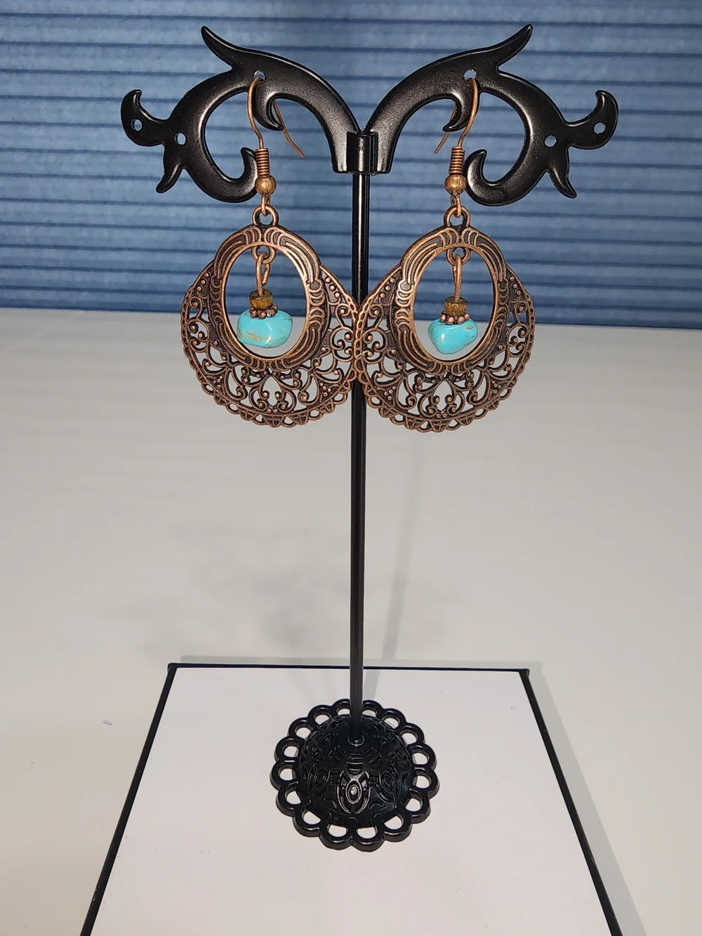 Turquoise Like Bead Copper Filigree Dangle Earrings